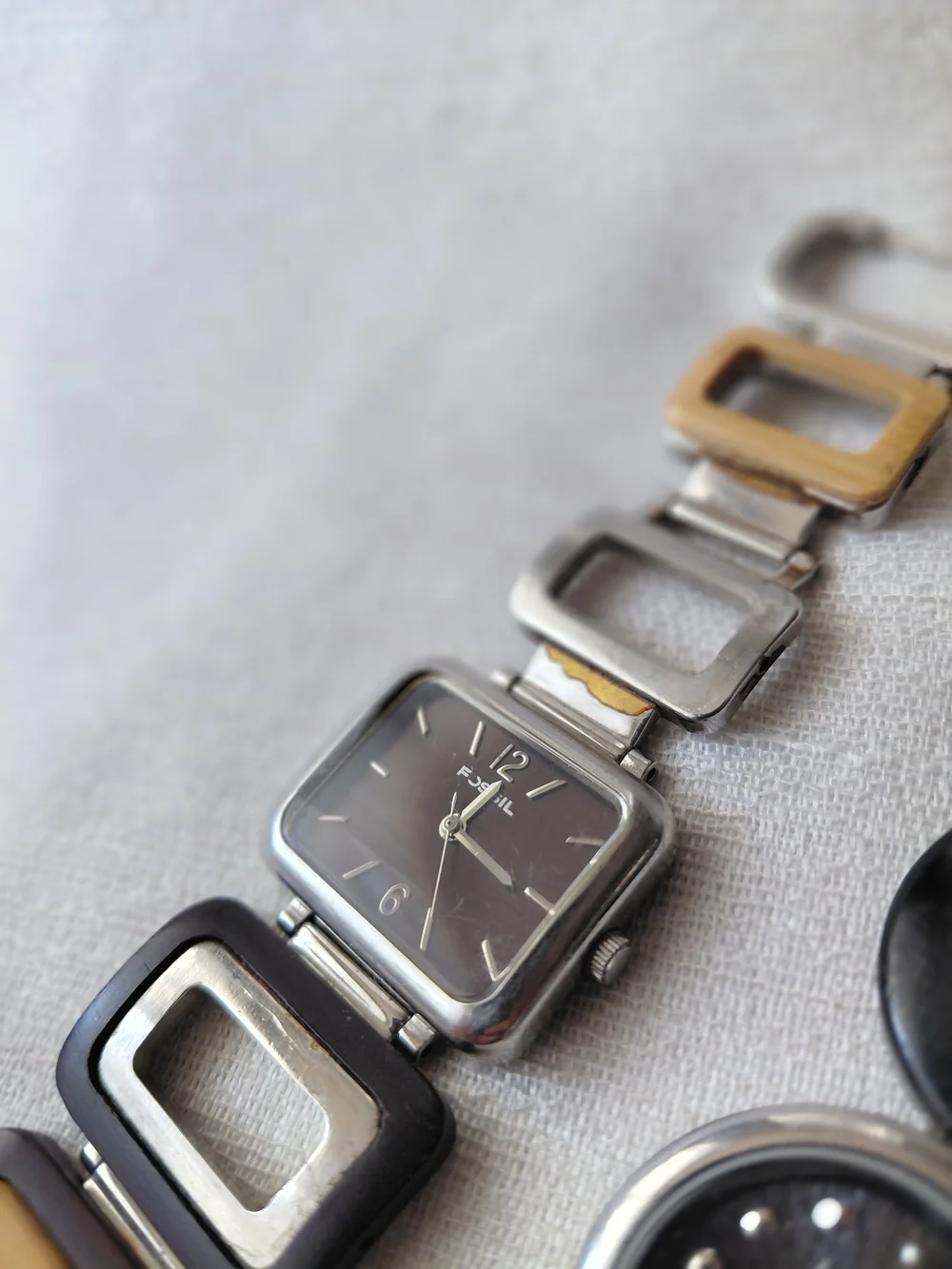Vintage Fossil F2 Watch Lot Y2K Wood Resin Geometric Retro Mod Cuff Statement